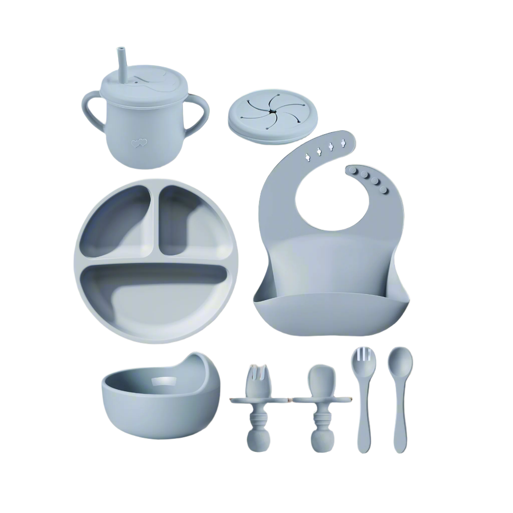 Silicone Feeding Set – 8-Piece Round Kit with Plate, Bowl, Utensils, Cup, Bib & Straw