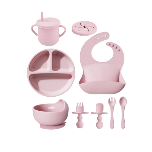 Silicone Feeding Set – 8-Piece Round Kit with Plate, Bowl, Utensils, Cup, Bib & Straw