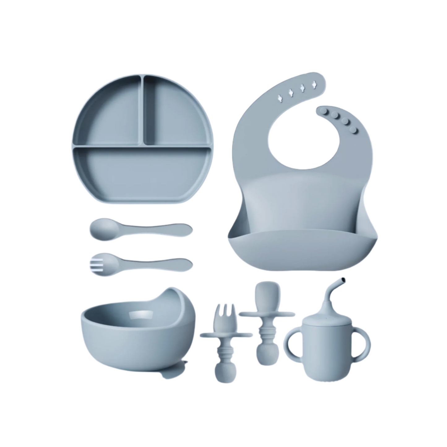 Silicone Feeding Set – 8-Piece Semi-round Kit with Plate, Bowl, Utensils, Cup, Bib & Straw