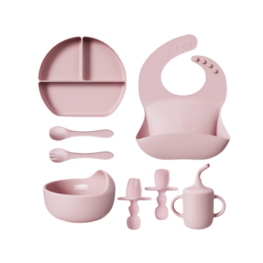 Silicone Feeding Set – 8-Piece Semi-round Kit with Plate, Bowl, Utensils, Cup, Bib & Straw