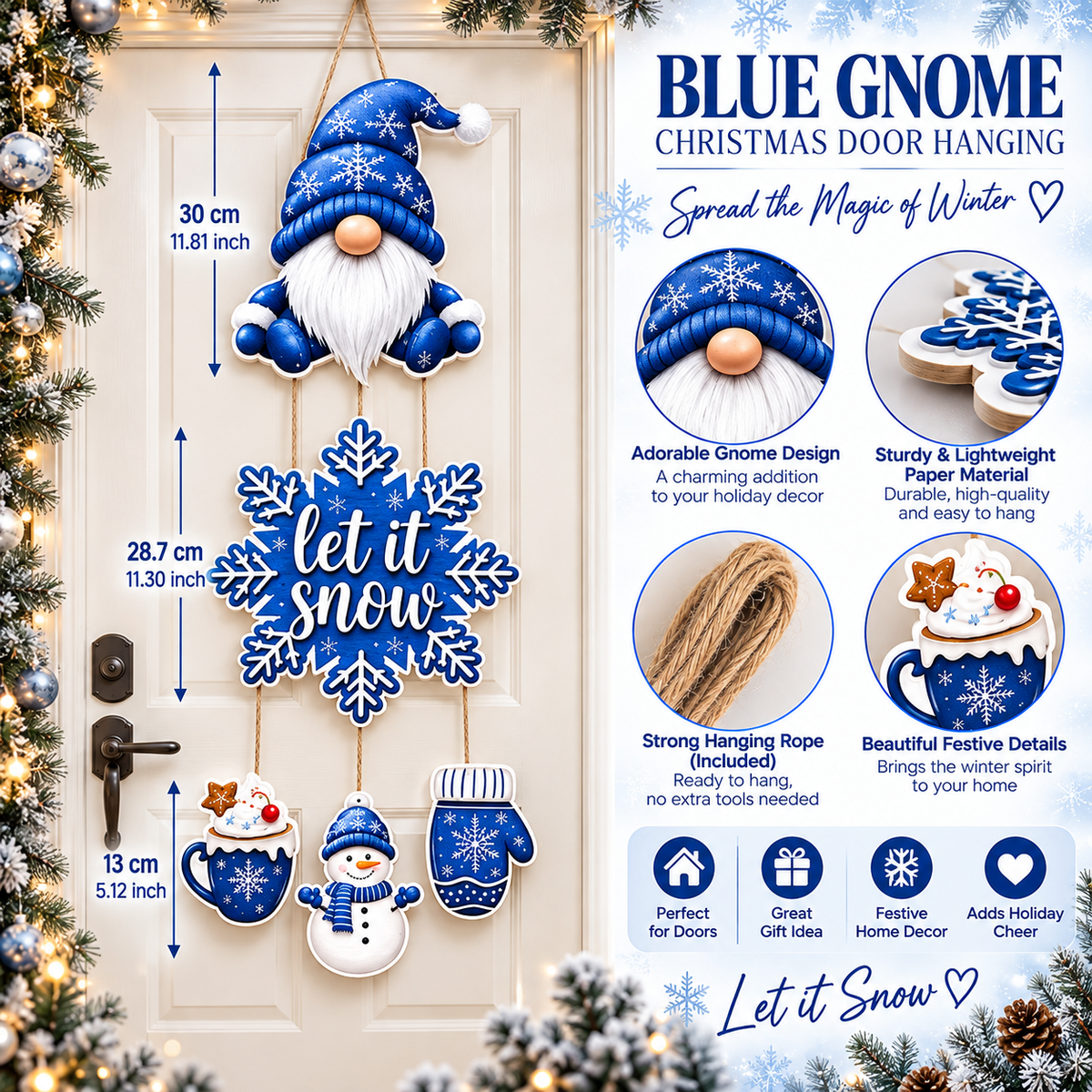 Blue Gnome Let It Snow Hanging Christmas Door Decoration