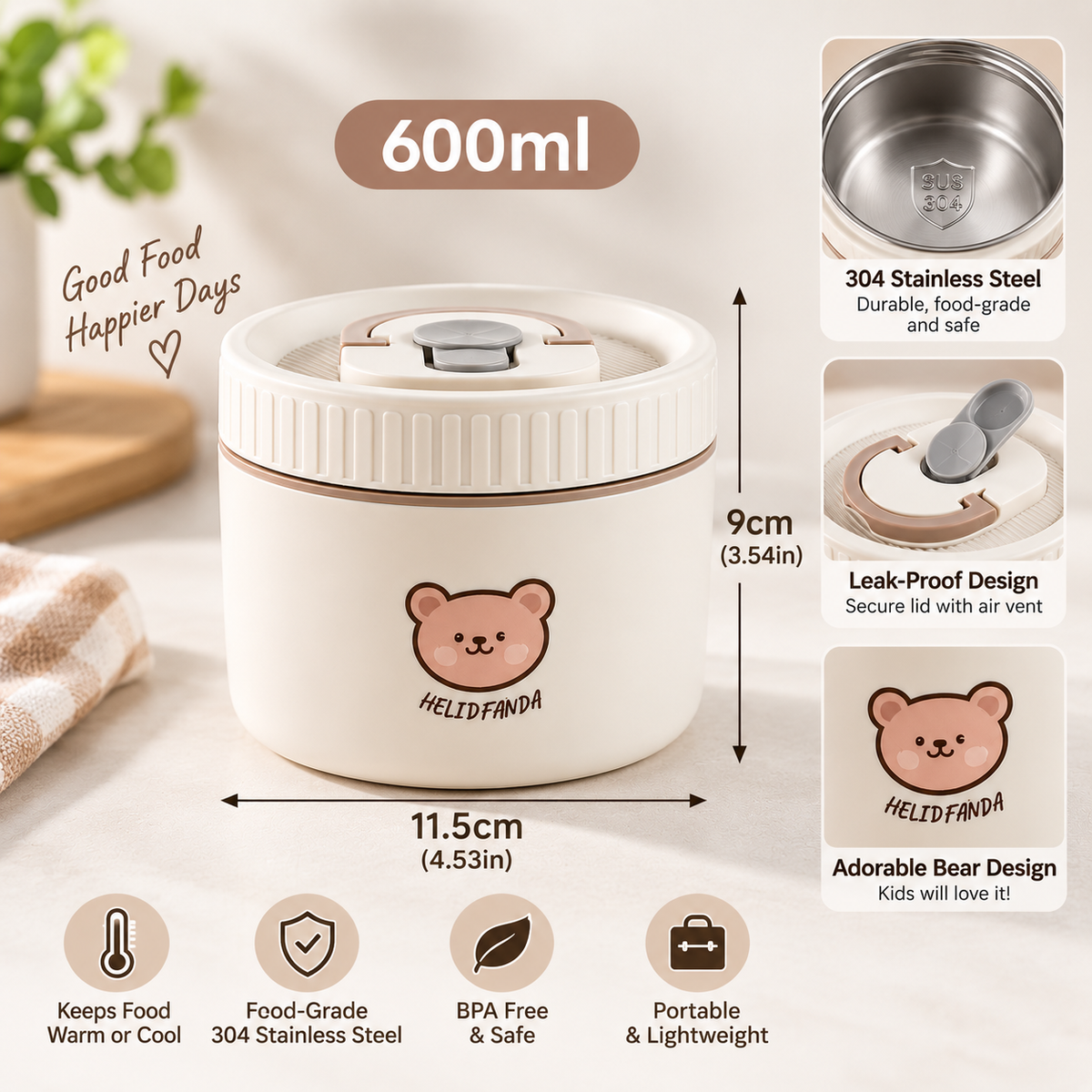 Stainless Steel Insulated Lunch Box โ Cute Bear Design | 600ml