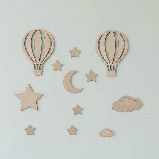 8-Piece Hot Air Balloon, Clouds & Stars Wooden Wall Décor Set