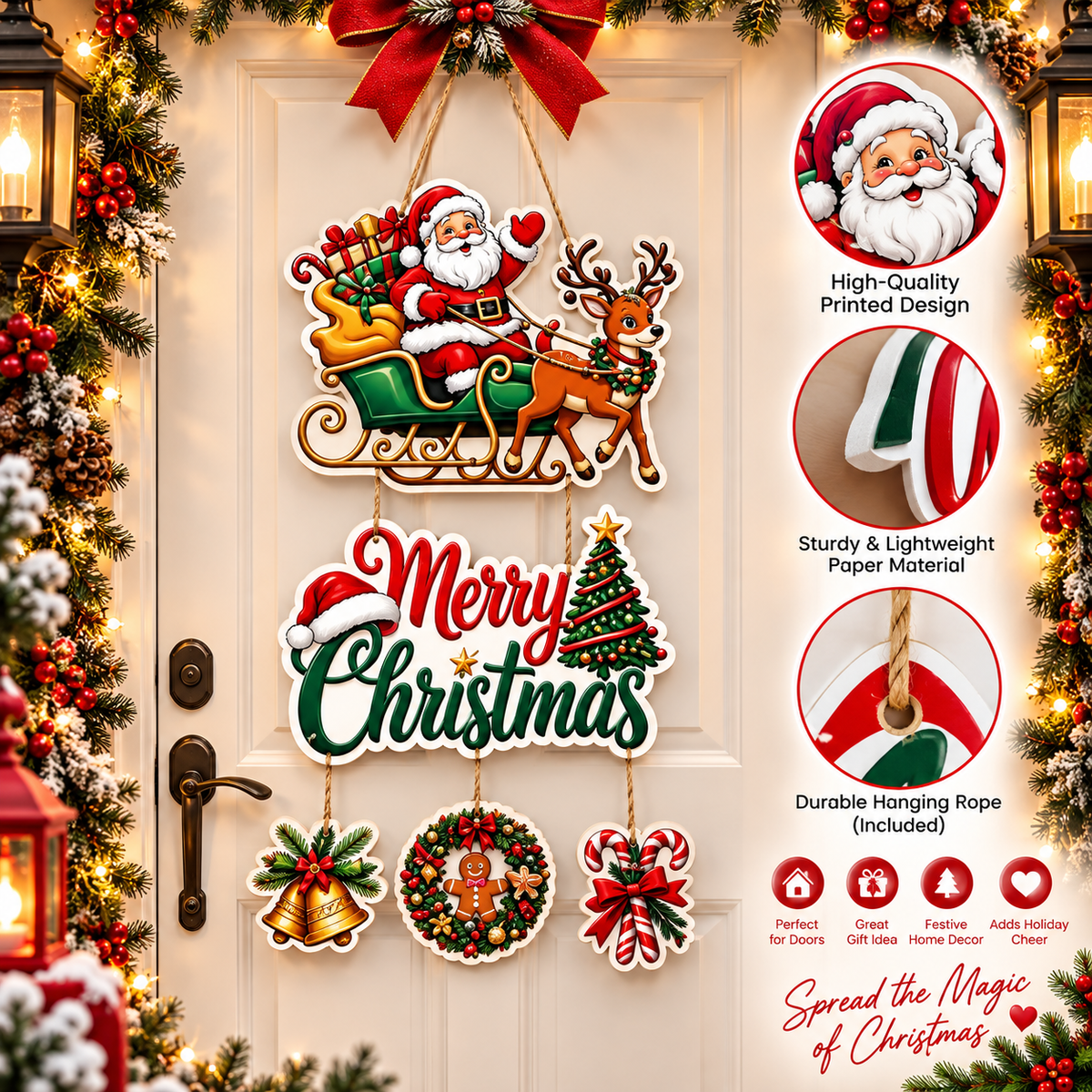 Santa & Reindeer Merry Christmas Hanging Door Decoration