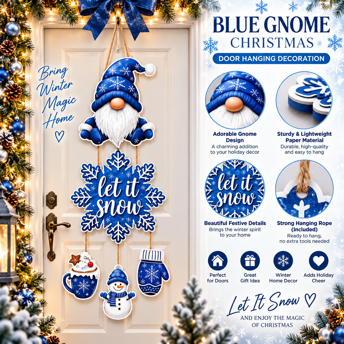 Blue Gnome Let It Snow Hanging Christmas Door Decoration