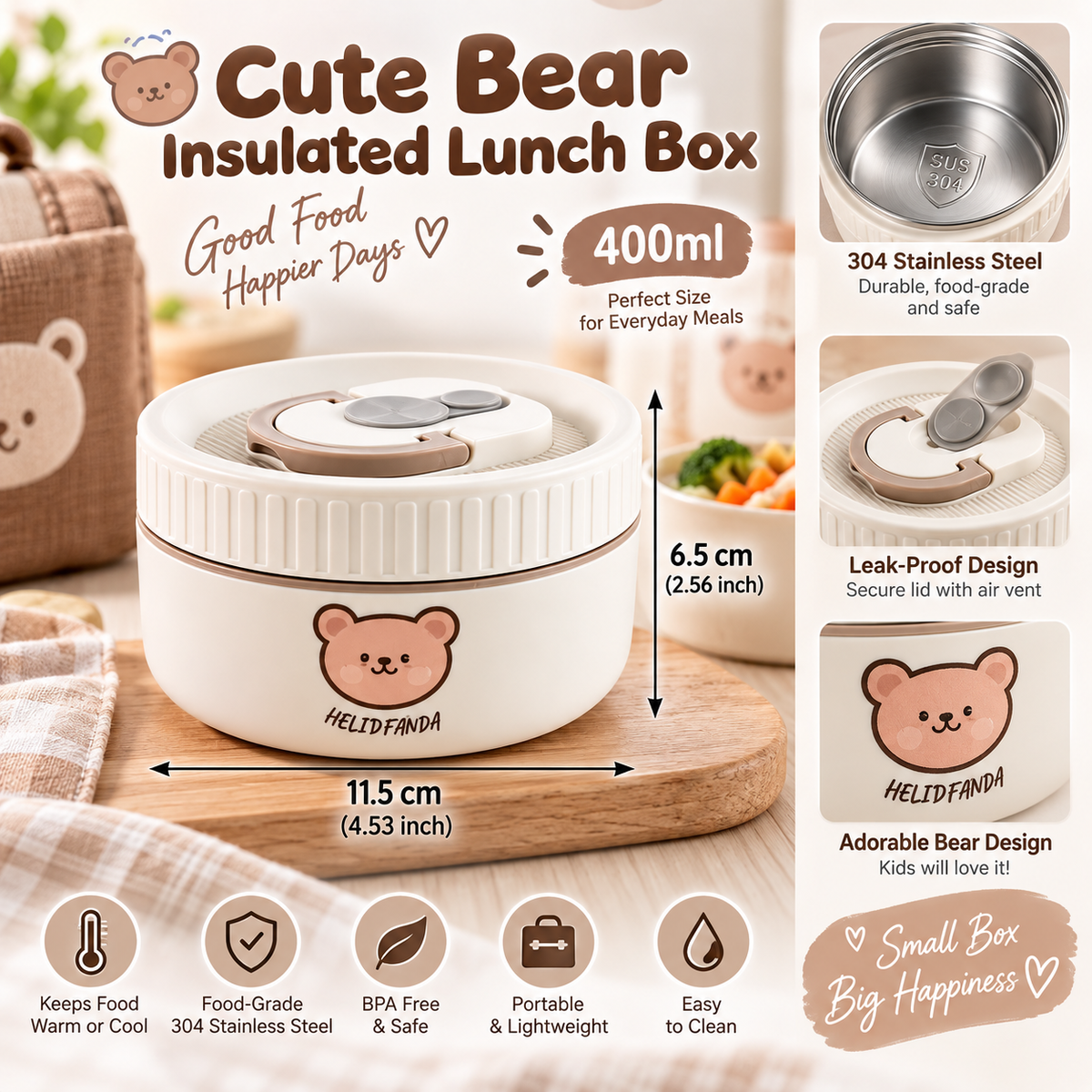 Stainless Steel Insulated Lunch Box – Cute Bear Design | 400ml
