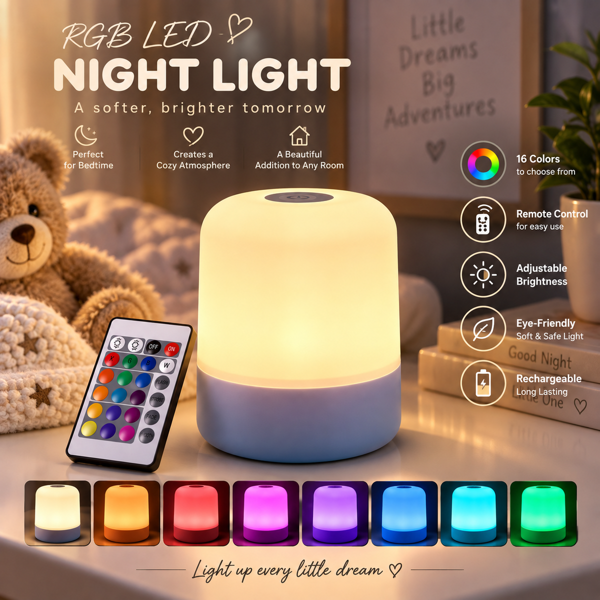 RGB LED Night Light – Colorful Bedside Lamp with Remote Control