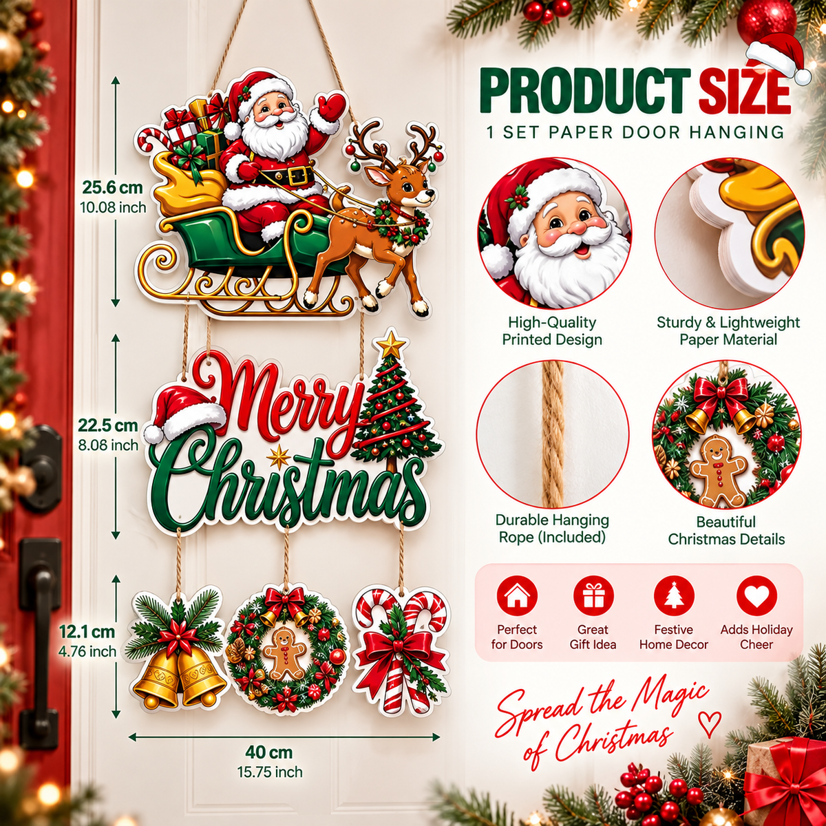 Santa & Reindeer Merry Christmas Hanging Door Decoration