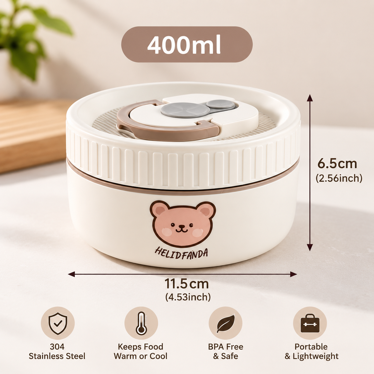 Stainless Steel Insulated Lunch Box – Cute Bear Design | 400ml