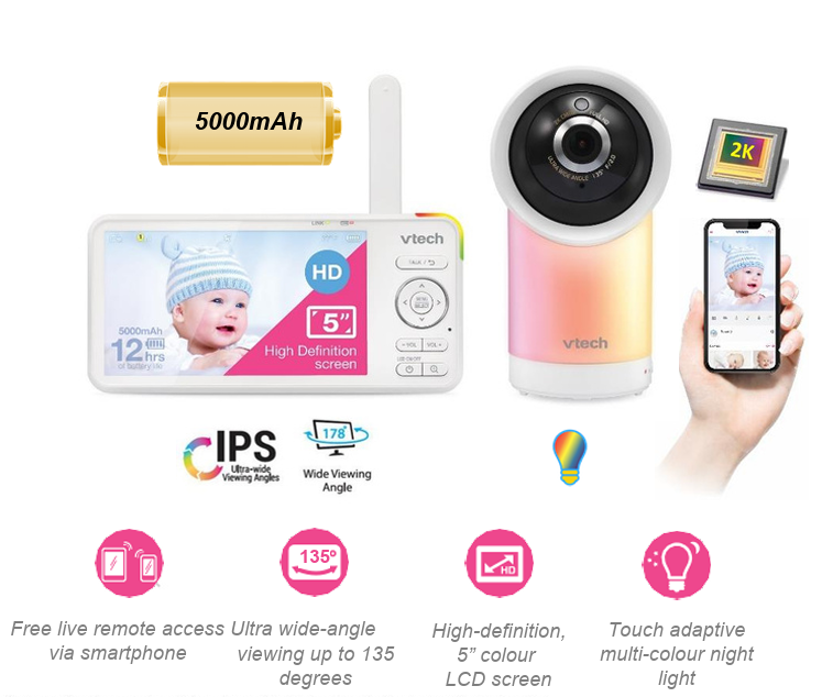 Vtech 5" Smart Wi-Fi 2K Pan & Tilt Video Monitor – RM5766HD