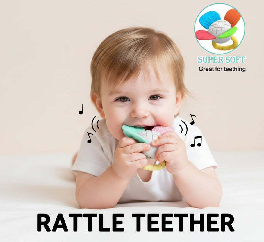 Baby chewing on a colorful teether with 'Super Soft' branding