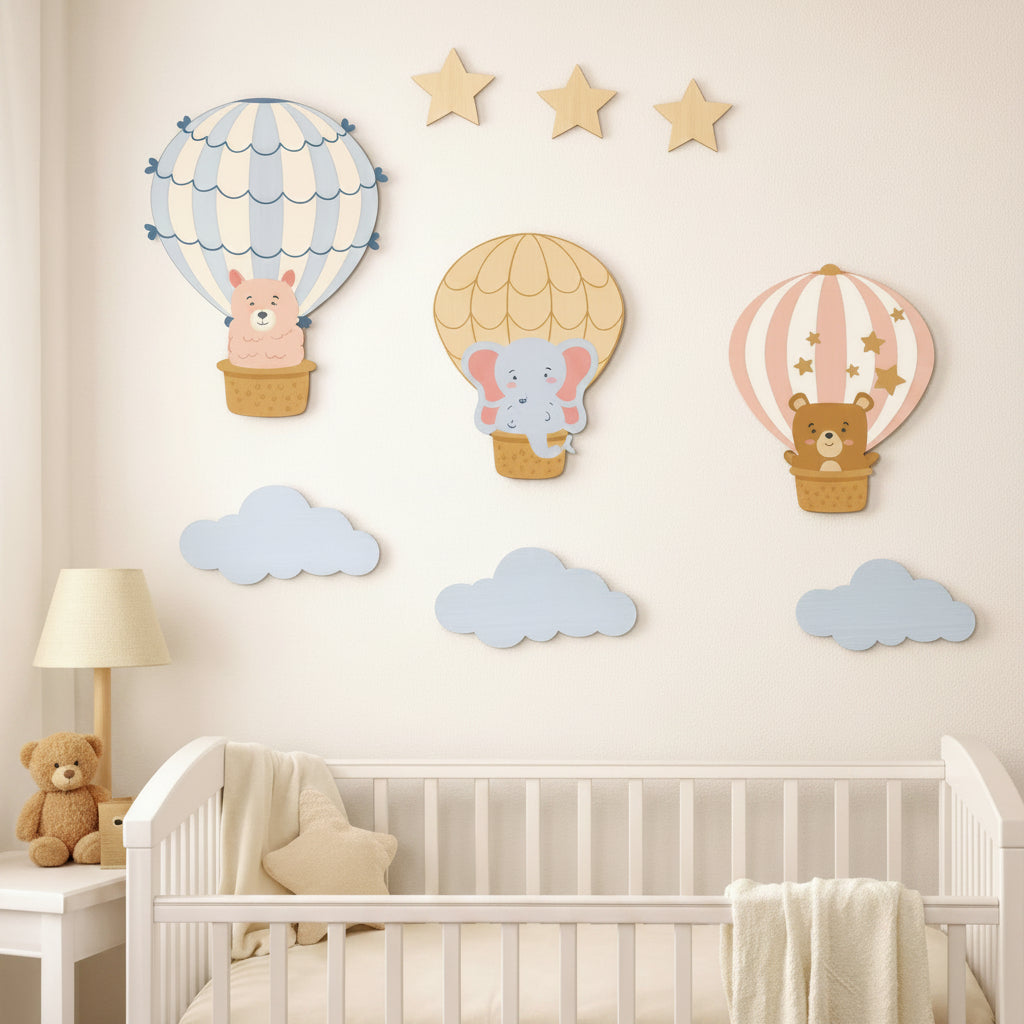 Baby Color Animal Hot Air Balloon Wooden Wall Décor