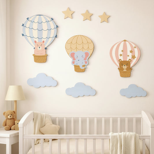 Baby Color Animal Hot Air Balloon Wooden Wall Décor