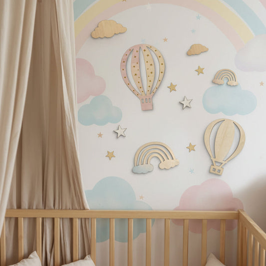 8-Piece Hot Air Balloon, Clouds & Stars Wooden Wall Décor Set