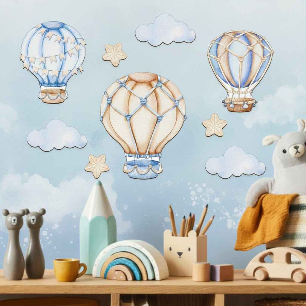 9 Pcs Blue Hot Air Balloon Wall Decoration