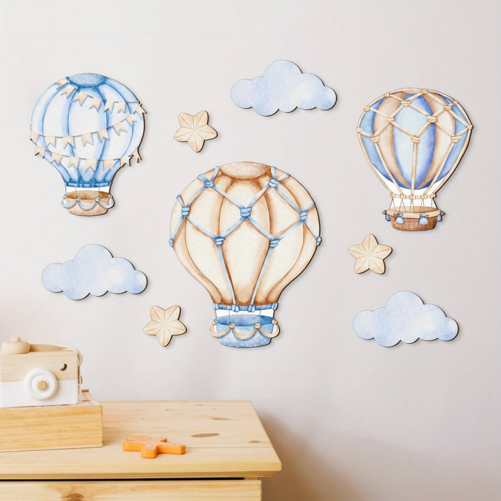 9 Pcs Blue Hot Air Balloon Wall Decoration